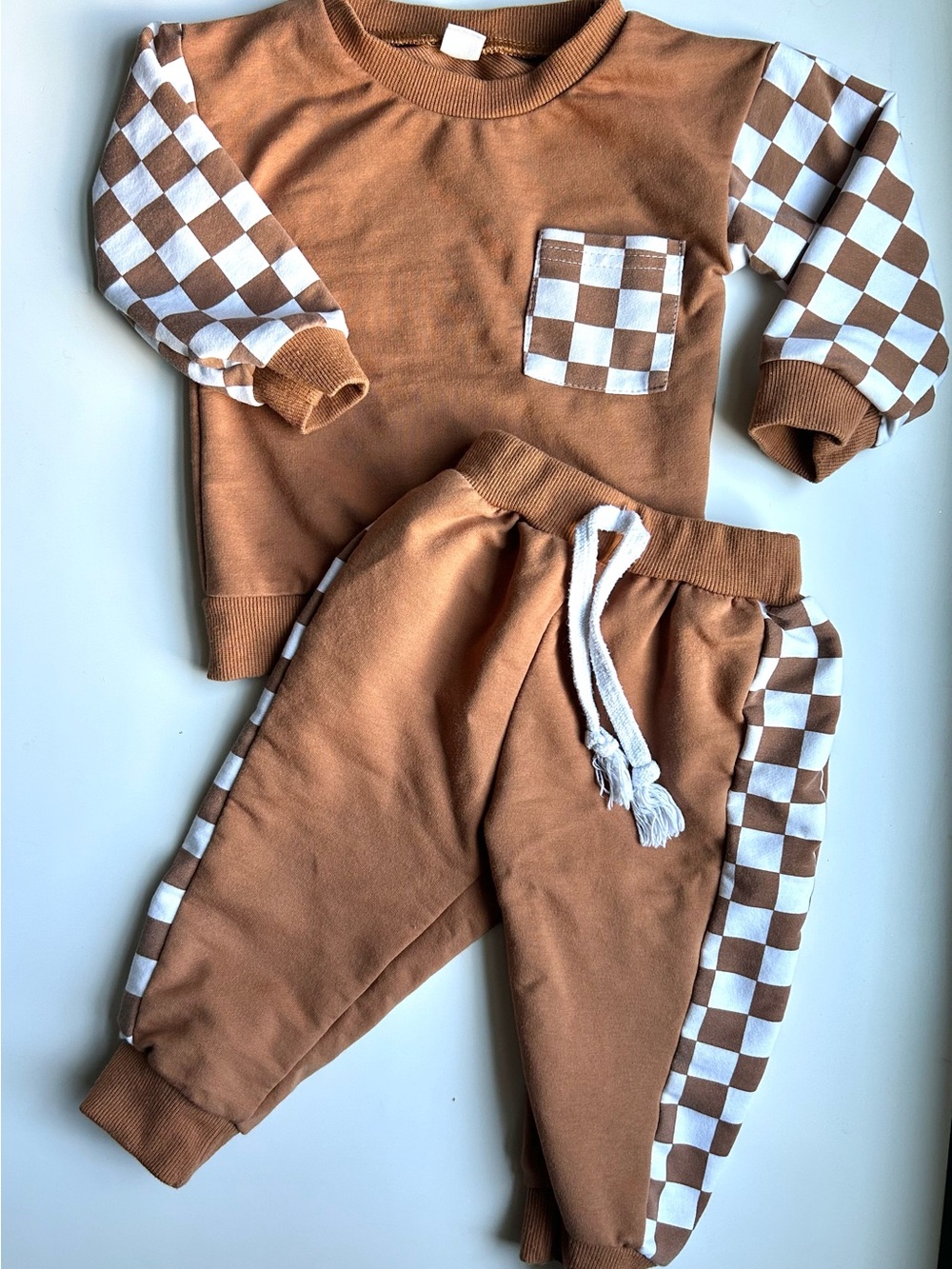 Kids Brown Checkerboard Sweatshirt & Jogger Set